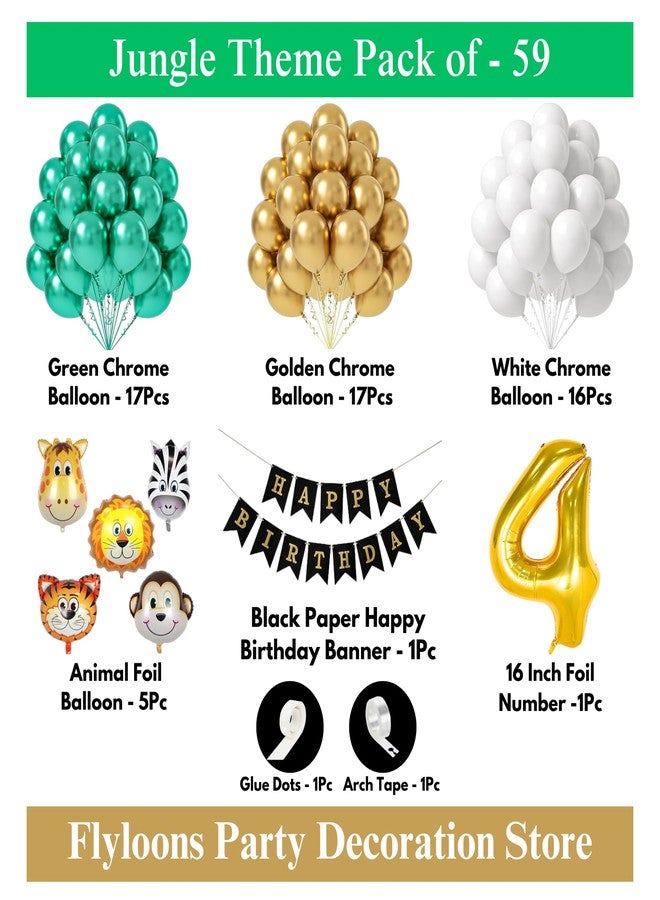 Flyloons 4th Animal Theme Birthday Party Decorations for Boys Girls Kids| 5 Pcs Animal Foil Balloons Set| 50 Pcs Green Gold White Colour Balloons| Black Happy Birthday Banner| Arch Tape| Glue Dots - Image 2